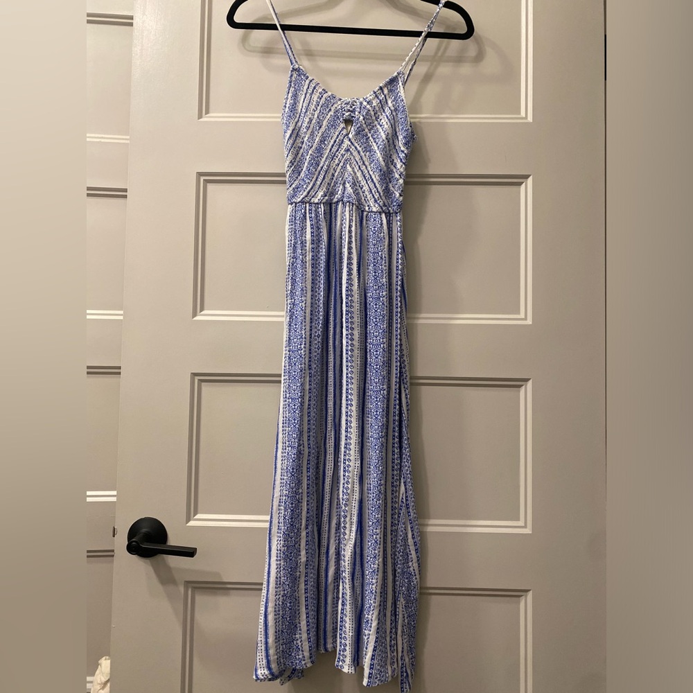 Japna~Adorable Blue & White Patterned Flowy Midi Dress W/ Smocked Top~Size XS - Picture 2 of 9